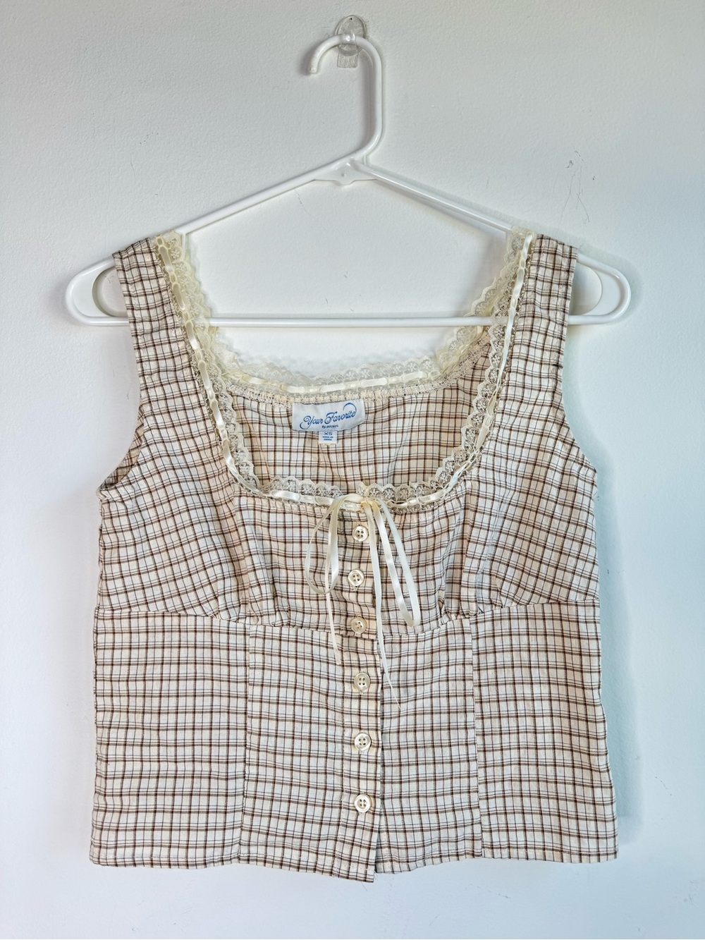 Vintage-Inspired Cream Plaid Lace-Trim Sleep Cami